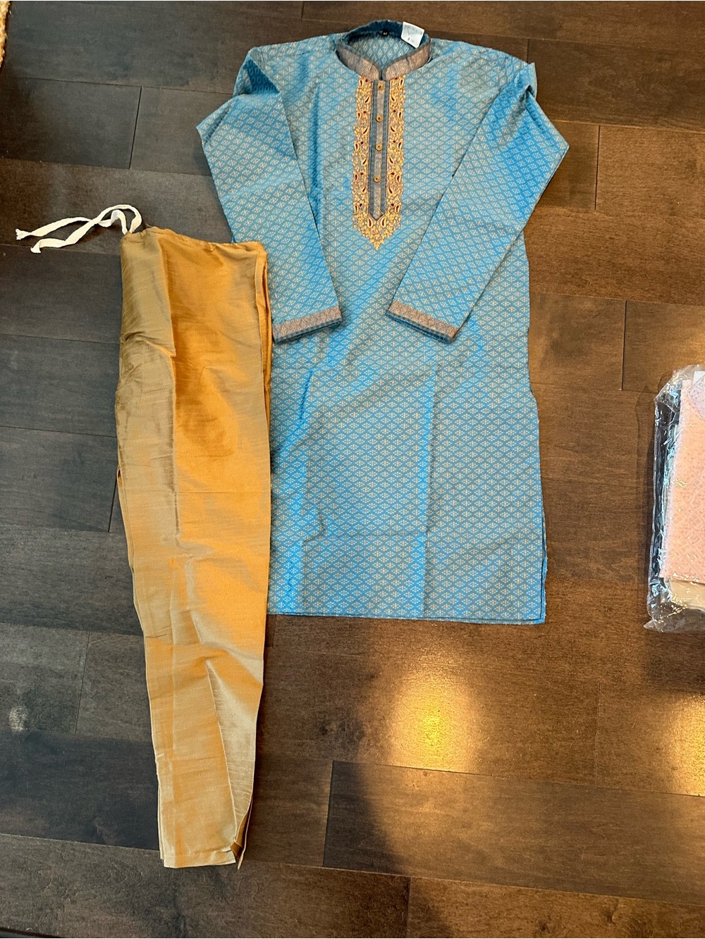 Men's Blue Embroidered Kurta with Gold Trousers
